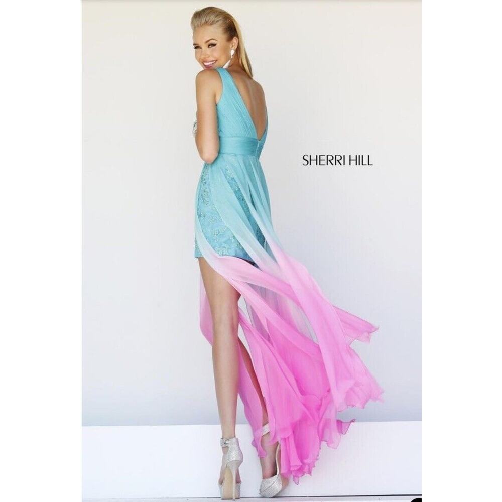 Sherri Hill Ombre Aqua to Pink High-Low Cocktail Dress - Picture 3 of 13